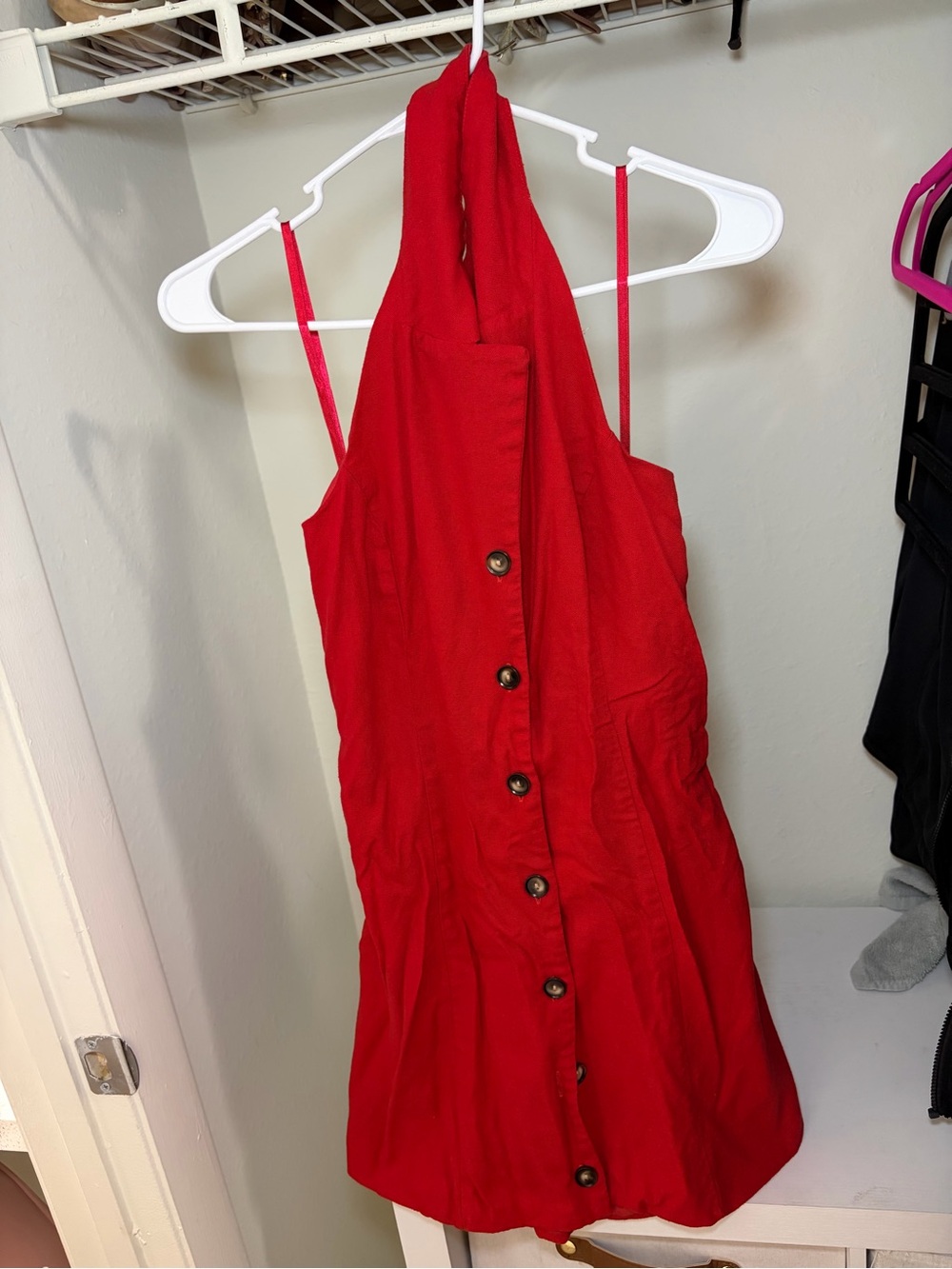 Red Button-Front Halter Mini Dress